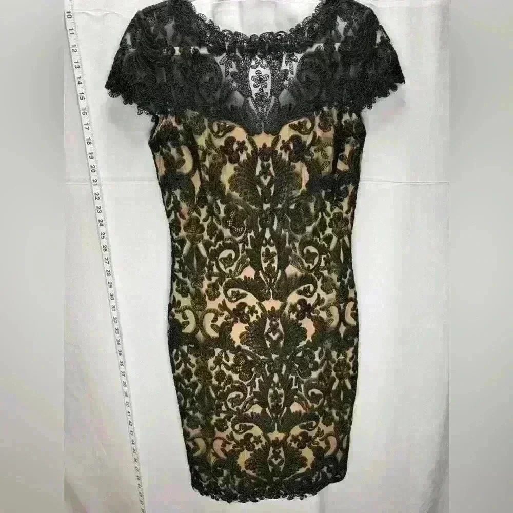 Like New, Tadashi Shoji size 6 evening dress.  Bllack with ornate mesh.